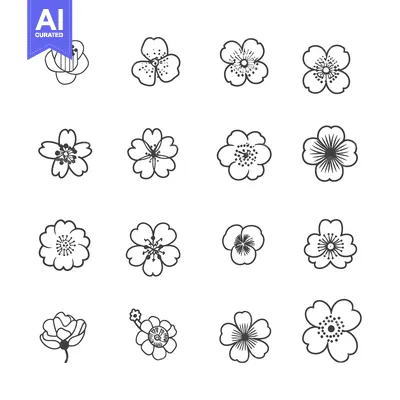 Aset premium populer: A Set of Fourteen Hand-Drawn Outline Flower Illustrations