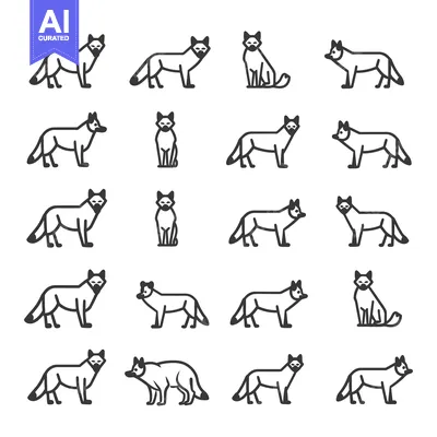 Aset desain premium: A Set of Fourteen Line Drawings of Foxes in Various Poses