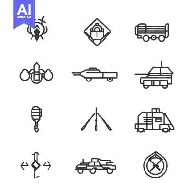 Aset desain premium: A Set of Futuristic Vehicle and Weapon Icons in Line Art Style