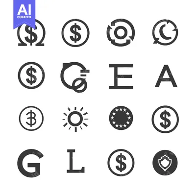 Aset desain premium: A set of grey icons, featuring currency symbols, letters, and other sy