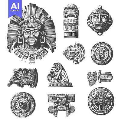 Aset desain premium: A Set of Hand-Drawn Aztec Inspired Ornaments and Designs