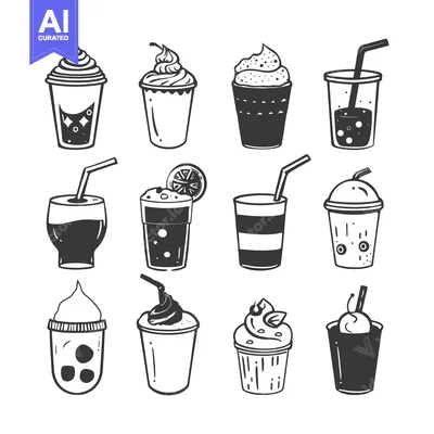 Popular premium asset: A Set of Hand-Drawn Black and White Illustrations of Cold Beverages an