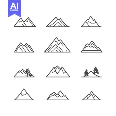 Aset premium populer: A Set of Hand-Drawn Mountain Icons in Black and White