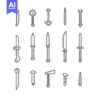 Aset desain premium: A Set of Hand-Drawn Outline Weapon Icons