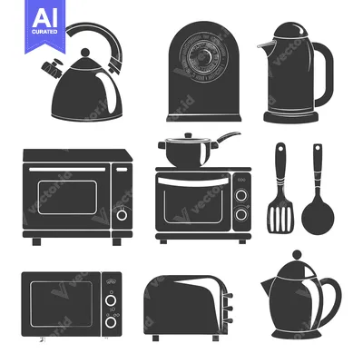 Aset desain premium: A Set of Kitchen Appliances and Utensils in Black Silhouette