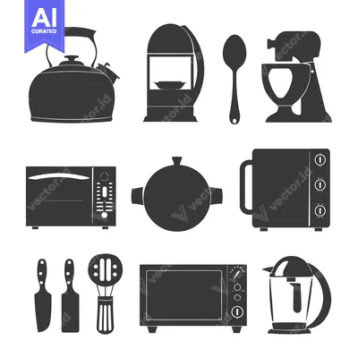 Aset premium populer: A Set of Kitchen Appliances in Black Silhouette
