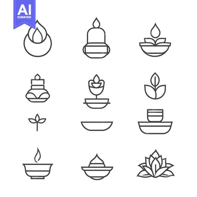 Aset desain premium: A Set of Line Art Candle and Flower Icons