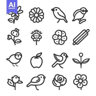 Aset premium populer: A Set of Line Art Icons Featuring Birds, Flowers, and an Apple