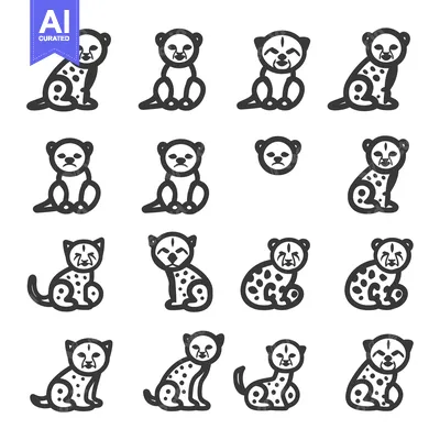 Premium design asset: A Set of Line Art Illustrations Depicting Cheetah Cubs in Various Pose