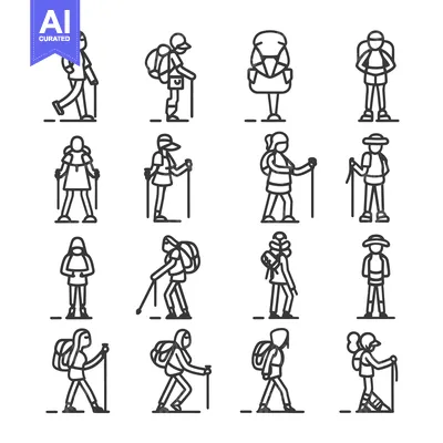 Premium design asset: A Set of Line Art Illustrations Depicting Hikers with Backpacks and Tr