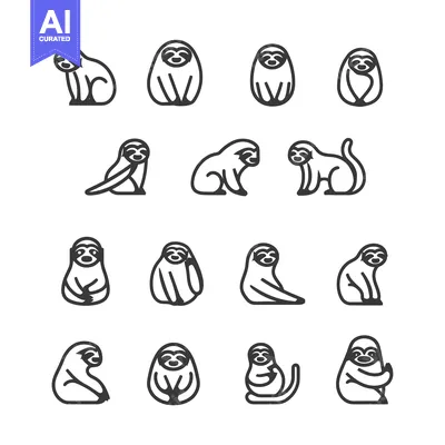 Aset desain premium: A Set of Line Art Illustrations Depicting Sloths in Various Poses