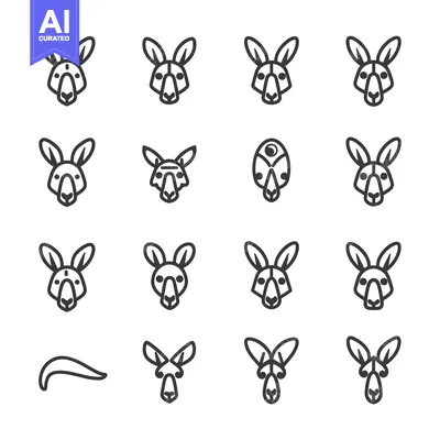 Aset premium populer: A Set of Line Art Kangaroo Head Illustrations in Black and White