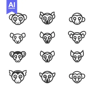 Popular premium asset: A Set of Line Art Lemur Head Illustrations in Black and White