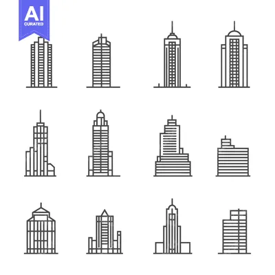 Aset desain premium: A Set of Line Drawings Depicting Different Styles of Skyscrapers