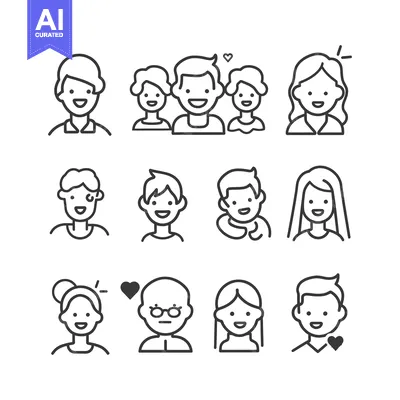 Popular premium asset: A Set of Line Drawings Depicting Happy People with Hearts