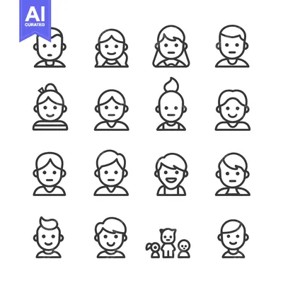 Aset premium populer: A Set of Line Drawings Depicting Human Faces with Various Hairstyles a