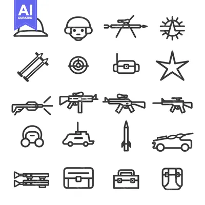 Aset desain premium: A Set of Line Drawings Depicting Military and War-Related Icons