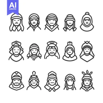 Aset desain premium: A Set of Line Drawings Depicting People Wearing Various Headwear