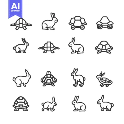 Aset premium populer: A Set of Line Drawings Depicting Rabbits and Turtles