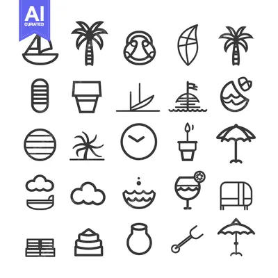 Aset premium populer: A Set of Line Drawings Depicting Summer Vacation Activities and Object