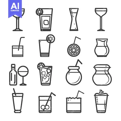Aset premium populer: A Set of Line Drawings Depicting Various Drinkware and Beverages