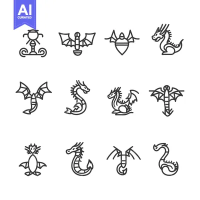 Aset desain premium: A Set of Line Drawings of Dragons and Other Mythical Creatures