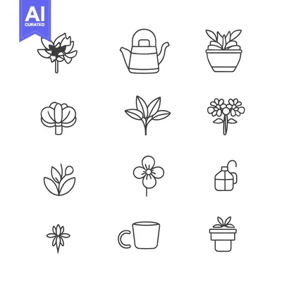 Aset premium populer: A Set of Line Drawings of Plants, Flowers, and Tea-Related Items