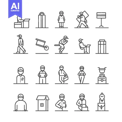 Premium design asset: A Set of Line Icons Depicting Various Delivery Workers and Related Obj