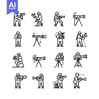 Aset desain premium: A Set of Line Icons Featuring Soldiers Using Various Camera Equipment