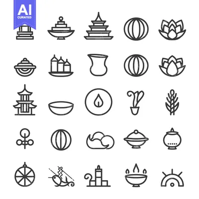 Premium design asset: A Set of Line Icons Representing Various Buddhist and Hindu Religious