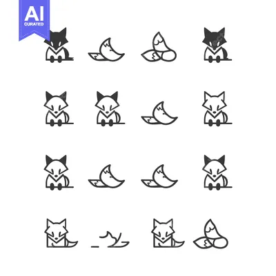 Aset desain premium: A set of minimalist fox illustrations, including whole foxes and just