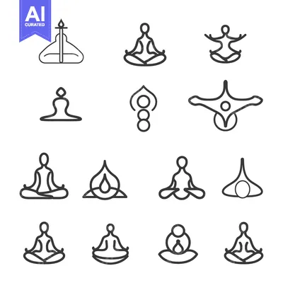Aset premium populer: A set of minimalist line art illustrations depicting meditation and yo