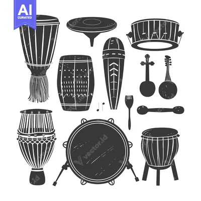 Aset premium populer: A Set of Musical Instruments Including Drums, a Tambourine, and a Lute