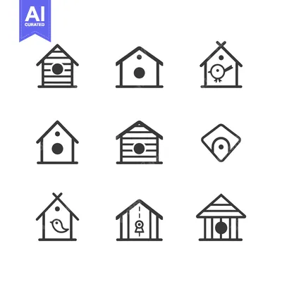 Aset desain premium: A Set of Nine Birdhouse Icons in Black and White