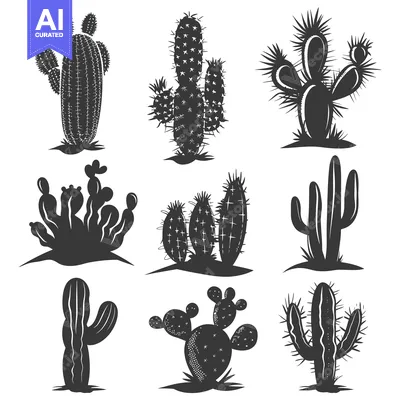Aset desain premium: A Set of Nine Black and White Cactus Silhouettes