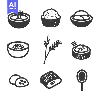 Aset premium populer: A Set of Nine Black and White Icons Depicting Rice and Rice Products