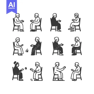 Aset premium populer: A set of nine black and white illustrations depicting elderly people s