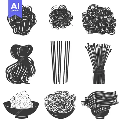 Popular premium asset: A Set of Nine Black and White Illustrations Depicting Spaghetti in Var