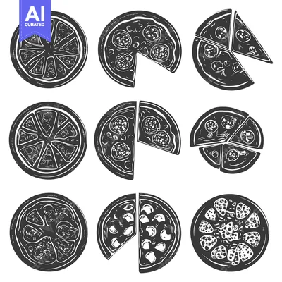 Aset premium populer: A Set of Nine Black and White Illustrations of Pizza with Different Sl