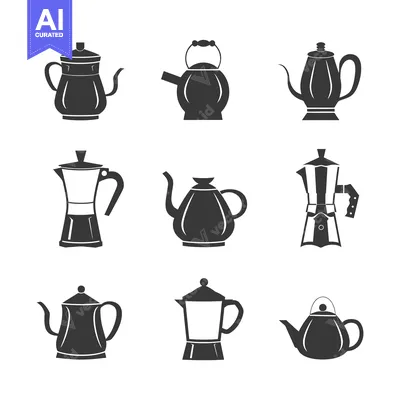 Aset desain premium: A Set of Nine Black and White Kettle Silhouettes
