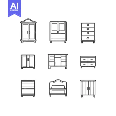 Aset desain premium: A set of nine black and white line drawings of various furniture piece