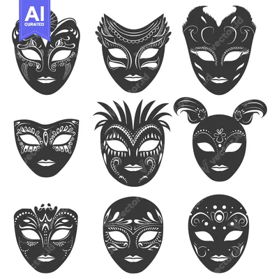 Aset desain premium: A Set of Nine Black and White Ornate Venetian Masks