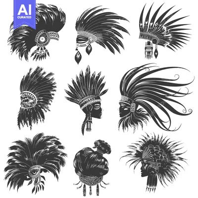 Premium design asset: A Set of Nine Black and White Silhouettes of Native American Headdress