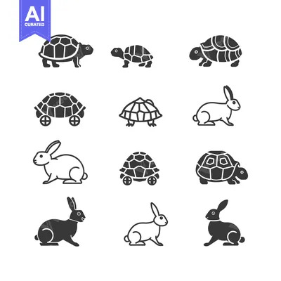 Aset premium populer: A Set of Nine Black and White Tortoise and Rabbit Icons