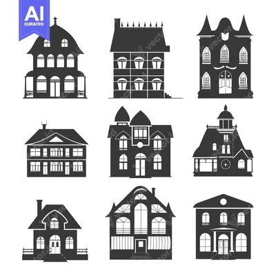 Aset premium populer: A Set of Nine Black Silhouettes of Various Homes