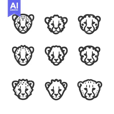 Premium design asset: A Set of Nine Cheetah Head Icons in Black and White Line Art Style