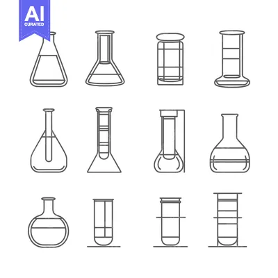 Aset premium populer: A set of nine different types of laboratory glassware, including beake