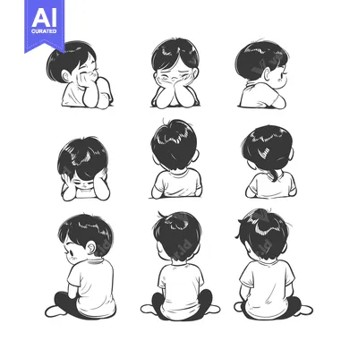 Aset desain premium: A Set of Nine Hand-Drawn Illustrations of a Boy in Various Poses