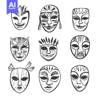 Aset premium populer: A Set of Nine Hand-Drawn Masks with Intricate Designs