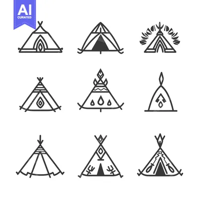 A Set of Nine Hand-Drawn Teepee Icons with Geometric Designs